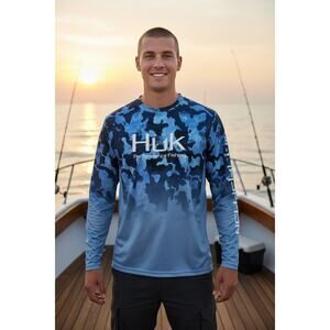 HUK Performance Long Sleeve Fishing Shirt 50+ UPF SZ -BLUE- M-NEW